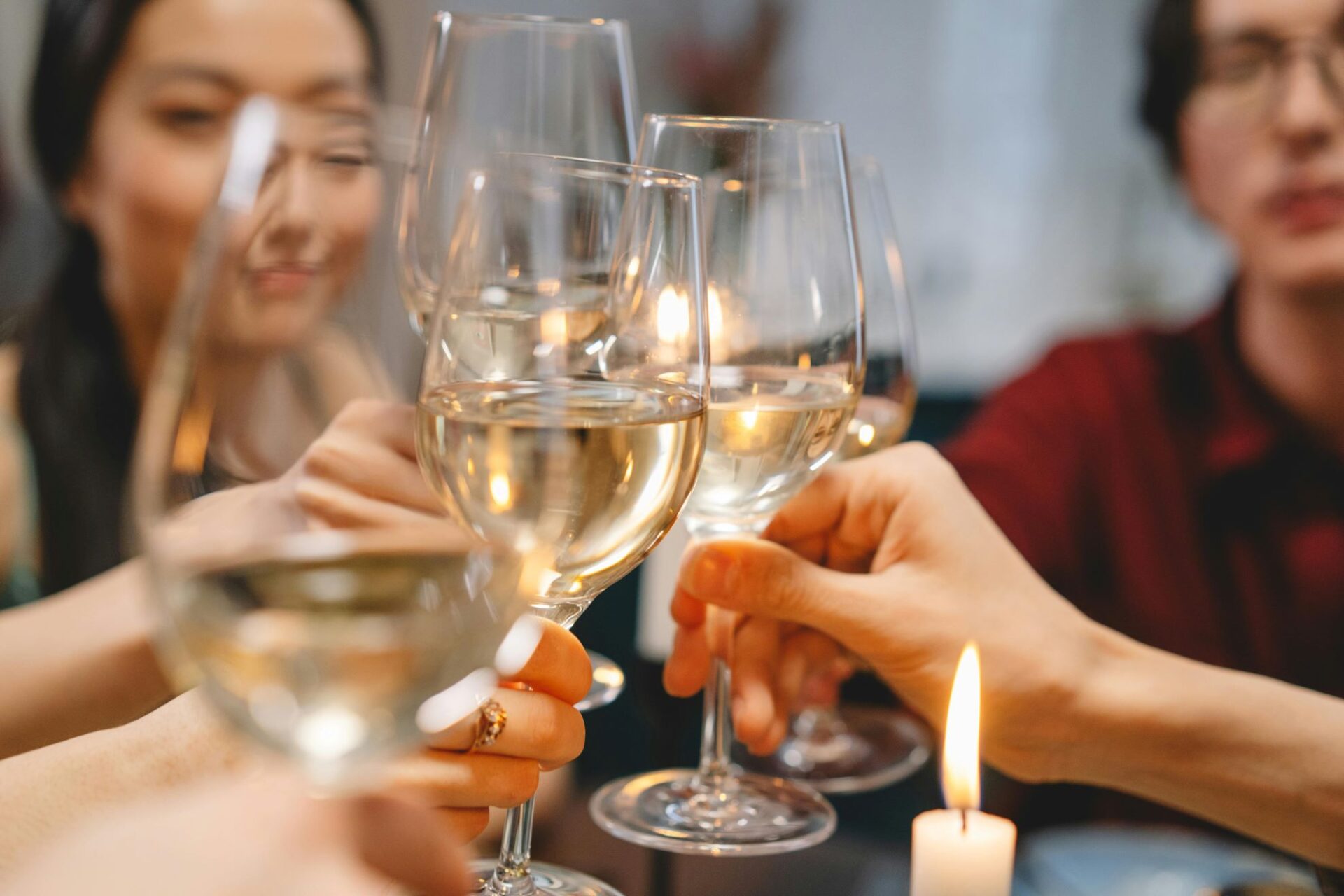 People at a dinner table toasting with a glass of wine.